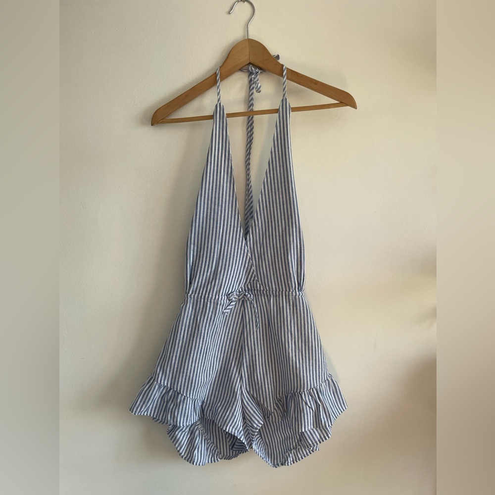 Striped Cotton Halter Ruffled Romper Blue & White Coastal Breezy Vacation Casual